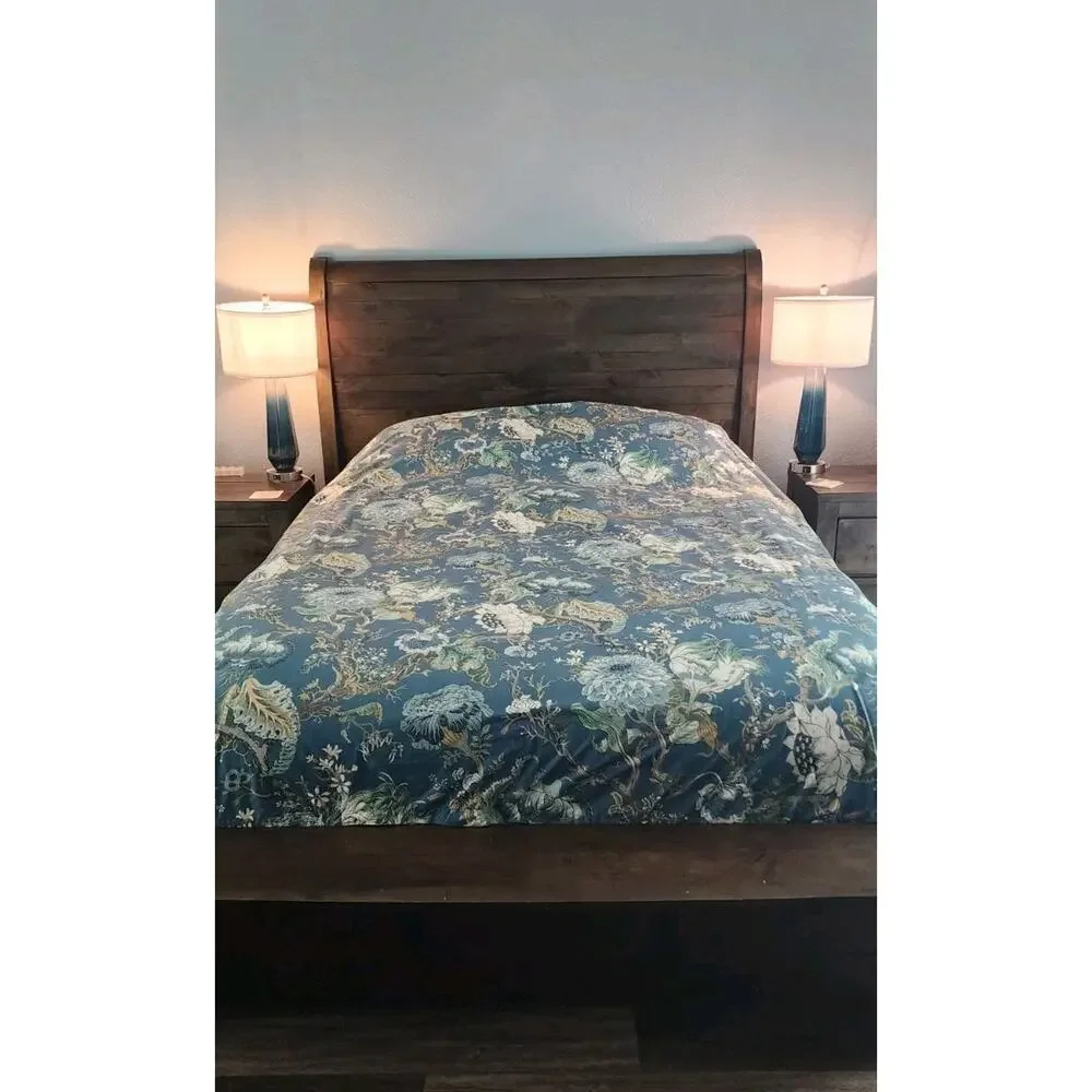 Pottery Barn Dahlia Floral Percale Blue Cotton California King Duvet Cover